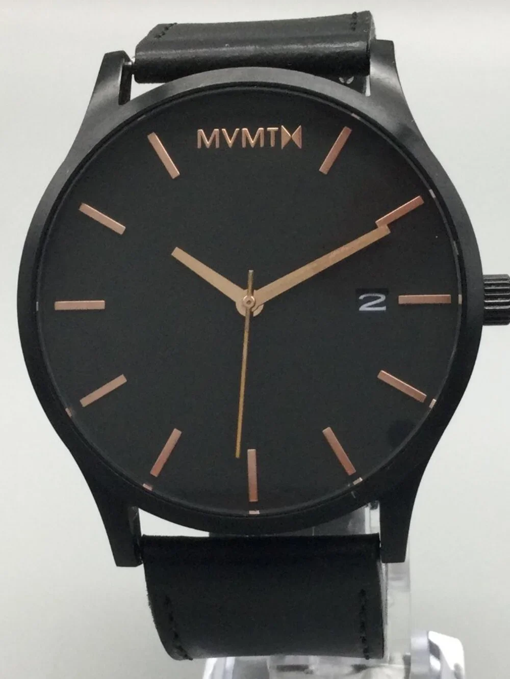 MVMT Black Rose Mens Watch 45mm Black Rose Gold Leather Band New Battery